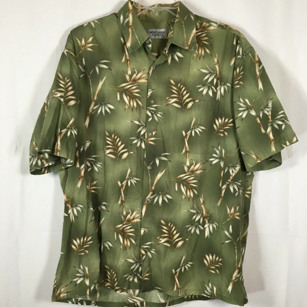 Windham Pointe Shirt Mens Sz L‎ Green Tropical Floral Cotton Hawaiian Button Up